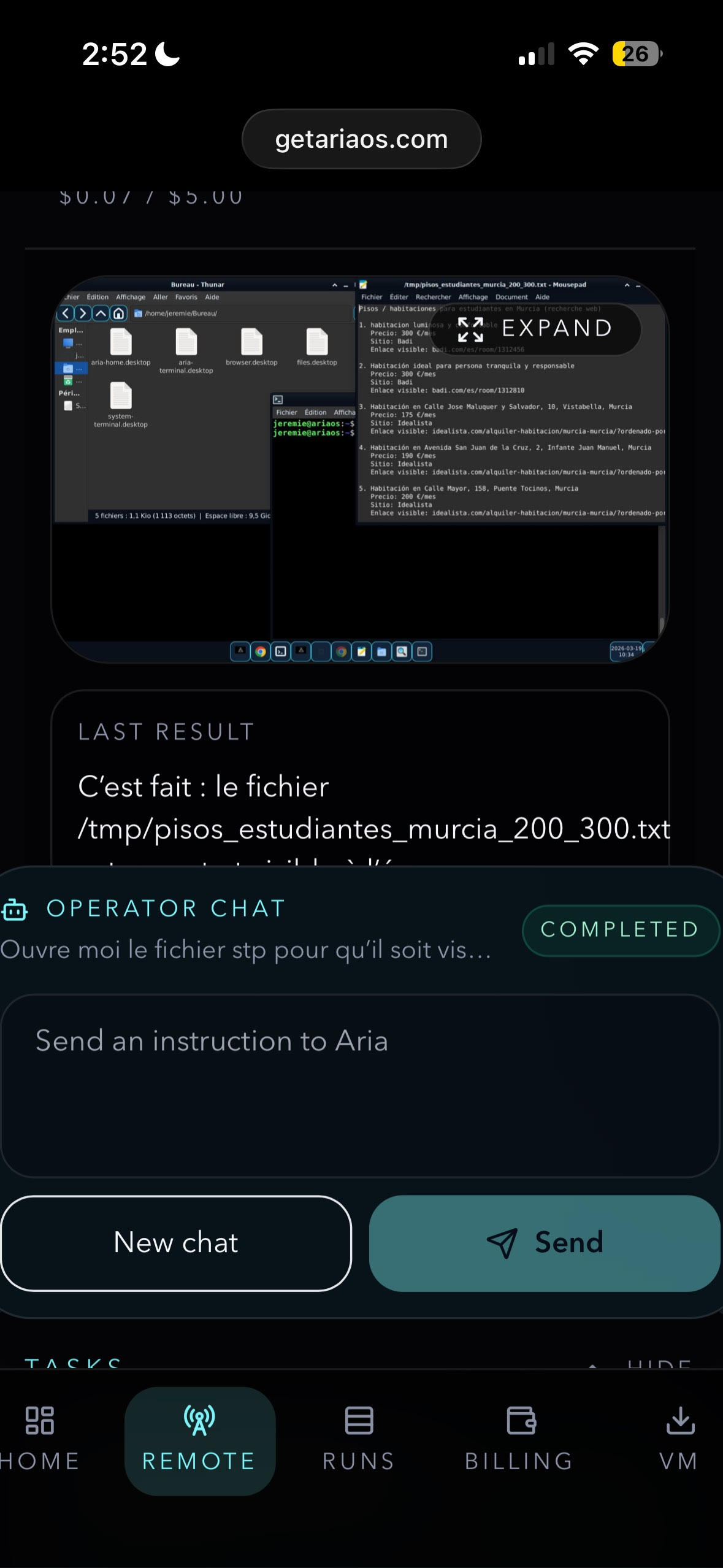 AriaOS remote mode on mobile